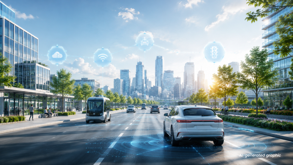 CCAM Scenarios: From Past to Practice Bright futuristic smart city with connected autonomous vehicles, digital infrastructure, and cooperative mobility technologies representing scenario-based validation and CCAM development.
