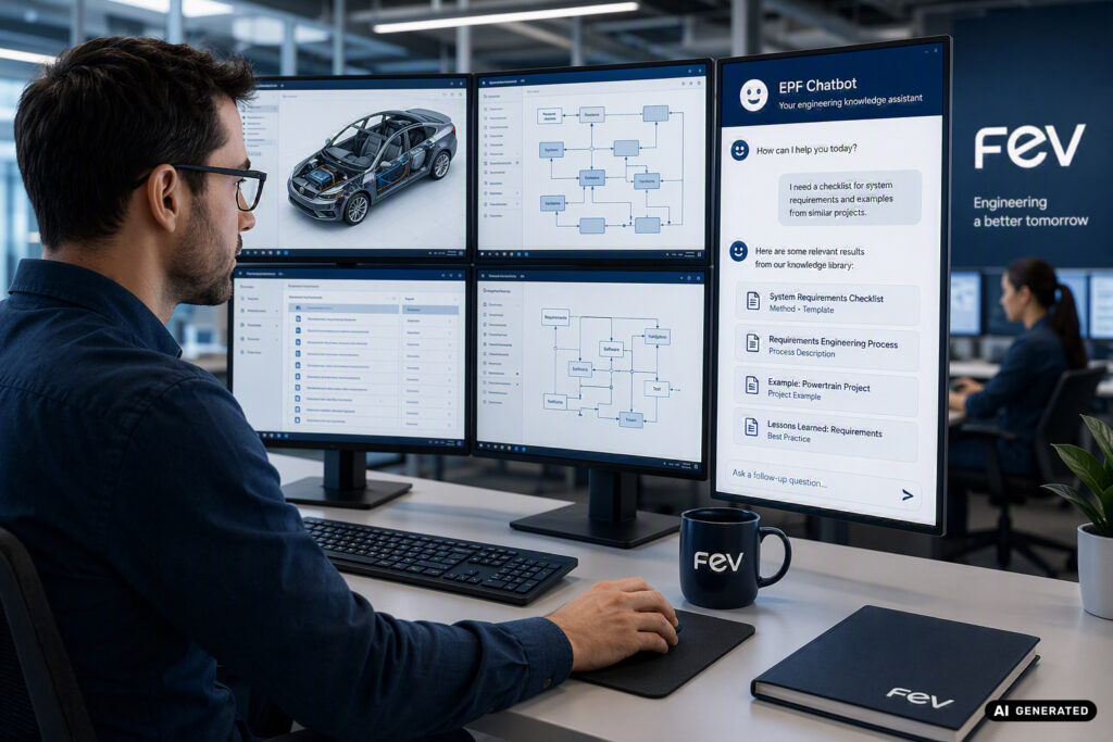 EPF Chatbot: Unlocking Engineering Knowledge at FEV An FEV engineer working at a multi-monitor workstation, using the AI-powered EPF Chatbot to review system requirements and engineering processes for a vehicle digital twin.